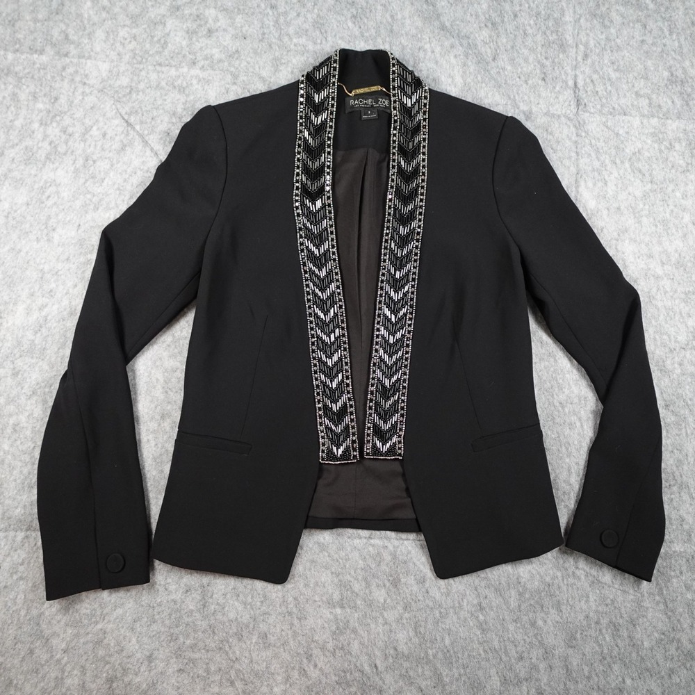 Rachel Zoe Blazer‎ Women 2 Black Beaded Lapel Open Front Jacket Statement